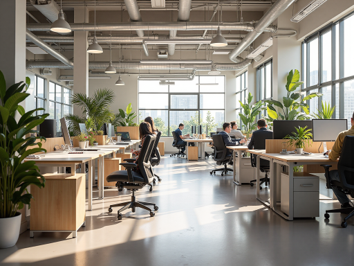 公司办公环境，现代化办公室内部，木质家具，绿色植物装饰，阳光透过窗户照射进来，营造温馨舒适的工作氛围