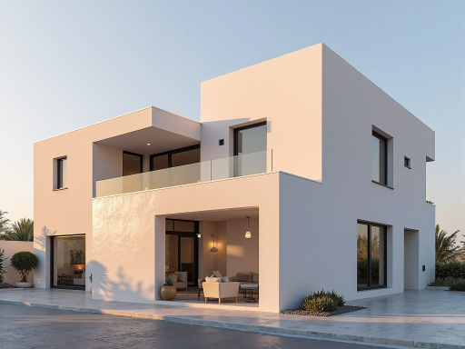 现代风格乡村别墅外观，两层楼高，白色外墙配灰色屋顶，大面积落地窗，前院绿化景观，阳光明媚的白天场景