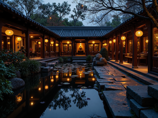 传统中式乡村住宅，青砖灰瓦，飞檐翘角，庭院布局，石径小路，绿植环绕，古朴典雅的建筑风格