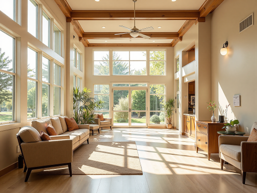 现代乡村住宅室内客厅，宽敞明亮的空间，落地窗采光，现代家具布置，温馨舒适的居住氛围